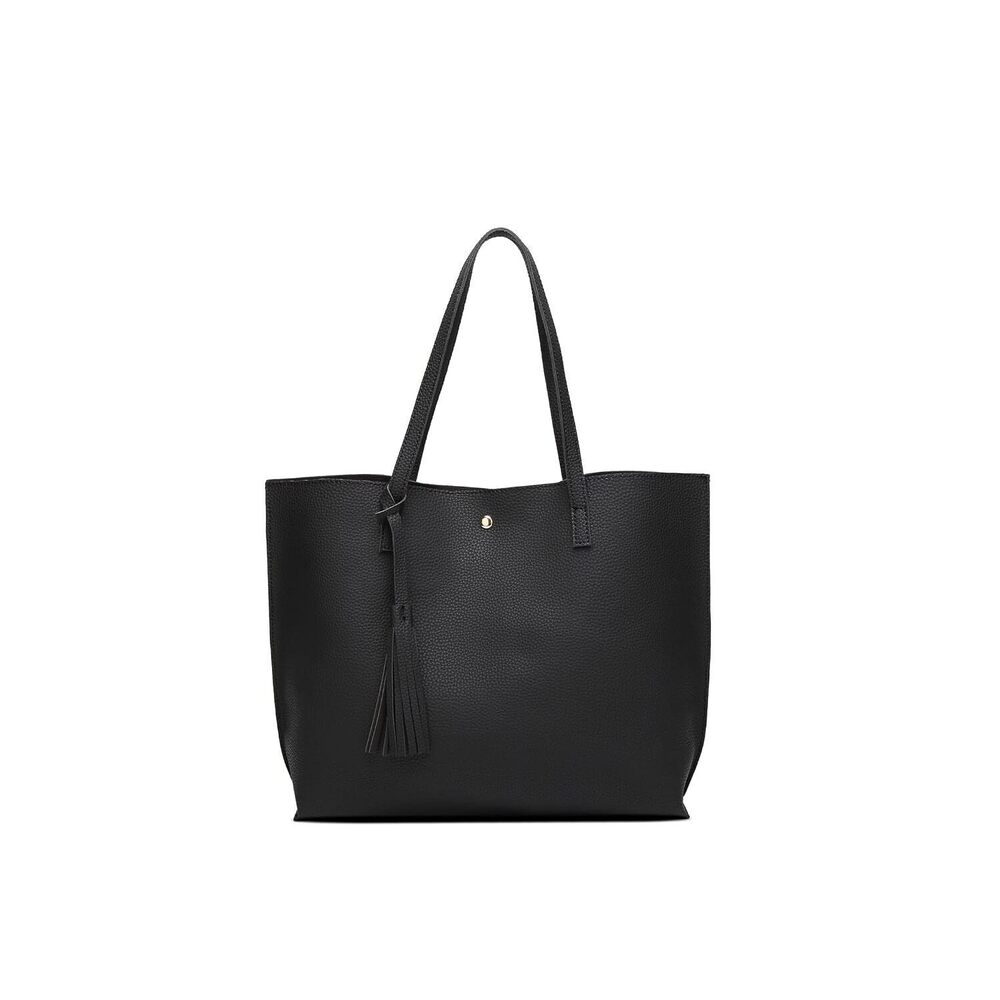 Soft Faux Leather Tote Bag Big Capacity Tassel Black